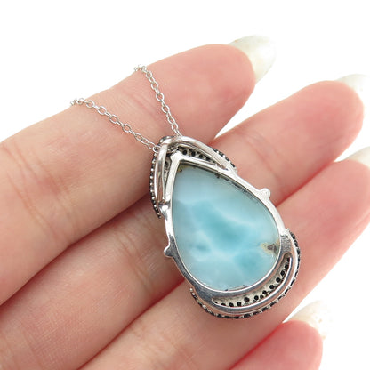 925 Sterling Silver Real Larimar & Black Spinel Gem Cable Chain Necklace 18"