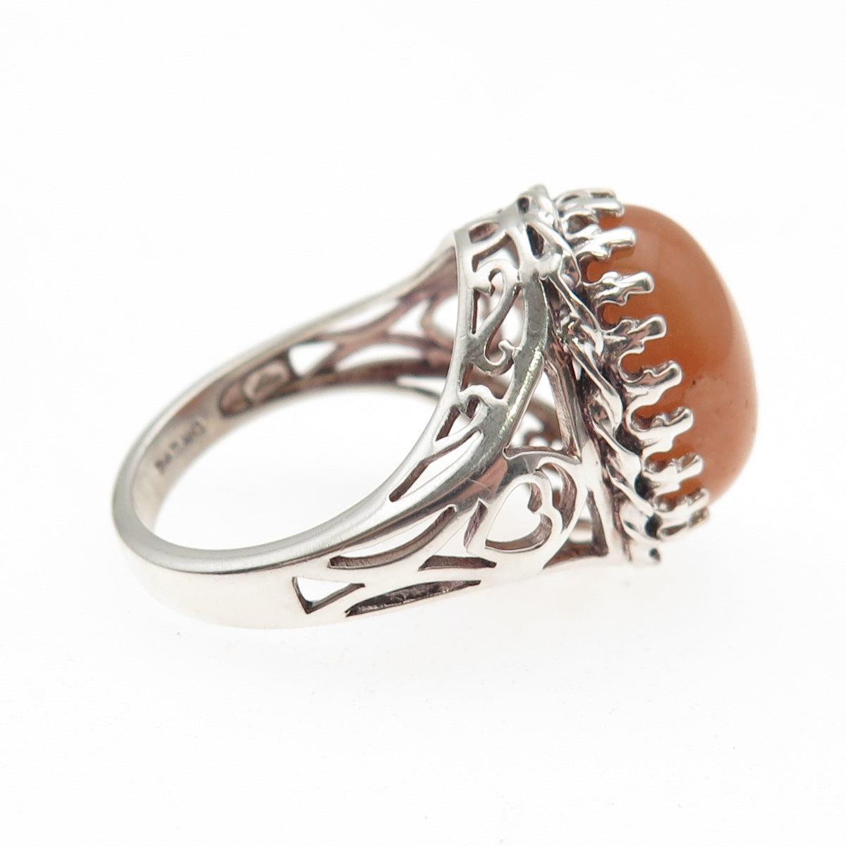 925 Sterling Silver Vintage Real Peach Aventurine Crown Heart Ring Size 8