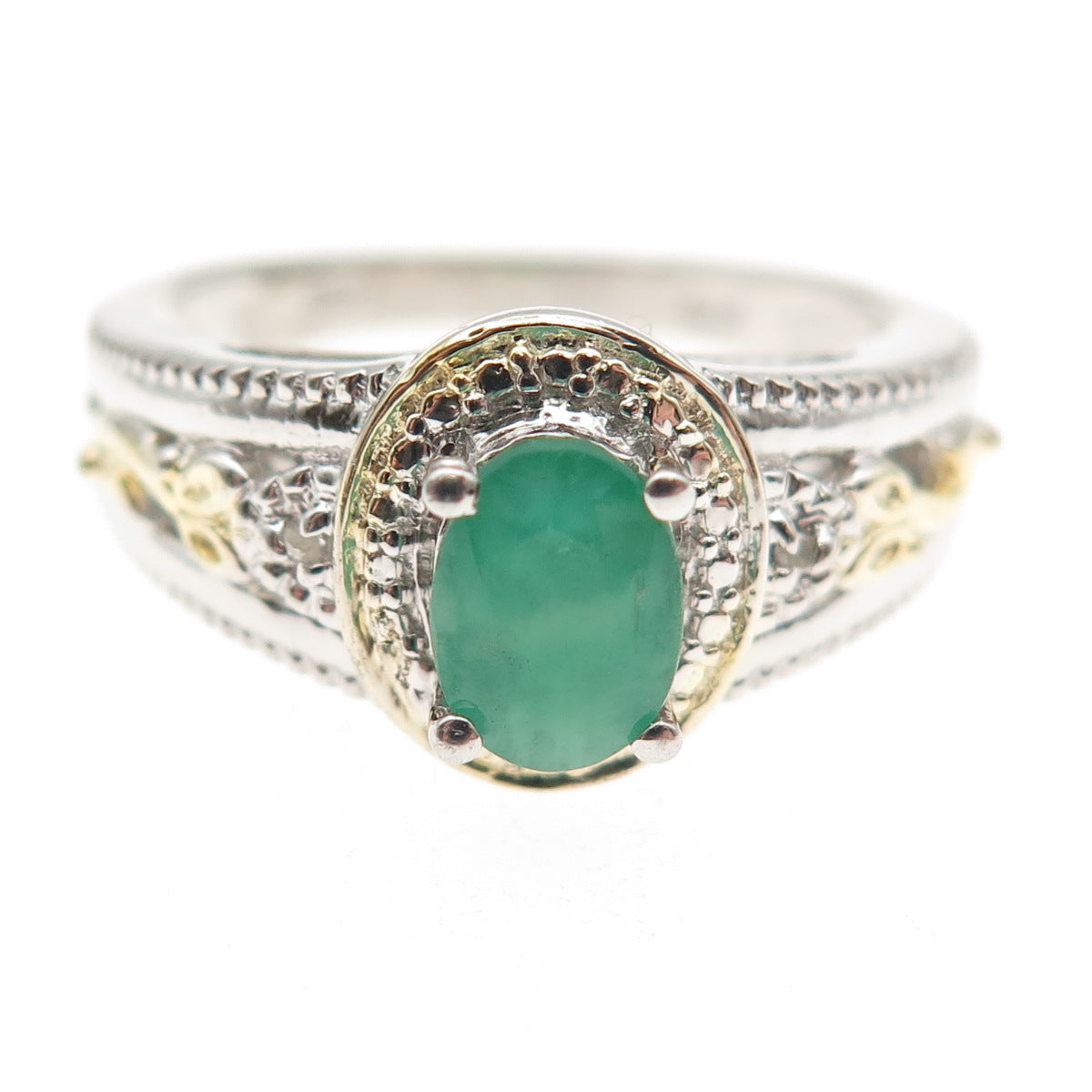 Chuck Clemency 925 Sterling Silver 2-Tone Real Diamond & Emerald Ring Size 8.25