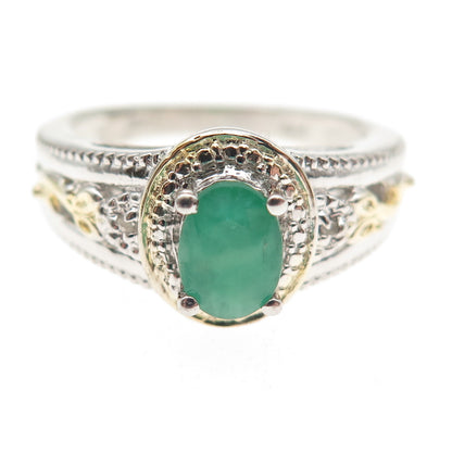 Chuck Clemency 925 Sterling Silver 2-Tone Real Diamond & Emerald Ring Size 8.25