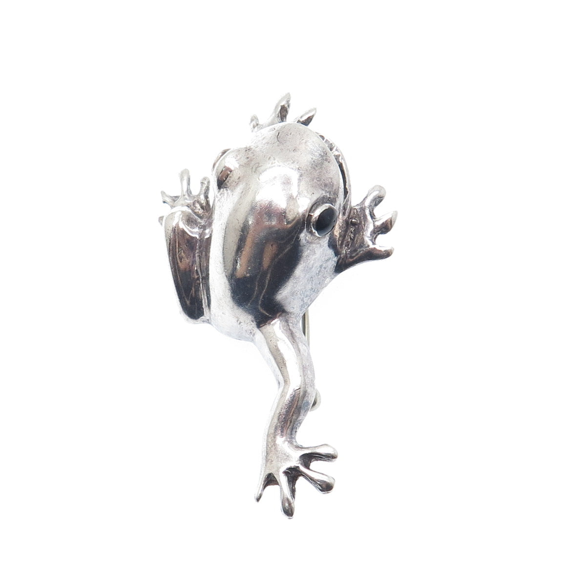 925 Sterling Silver Vintage Black Enamel Frog for Good Luck Oxidized Pin Brooch
