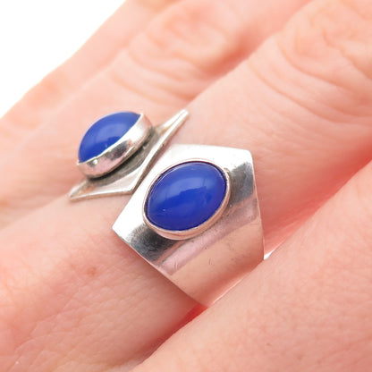 925 Sterling Vintage Israel Blue Chalcedony Modernist Adjustable Ring Size 7.25