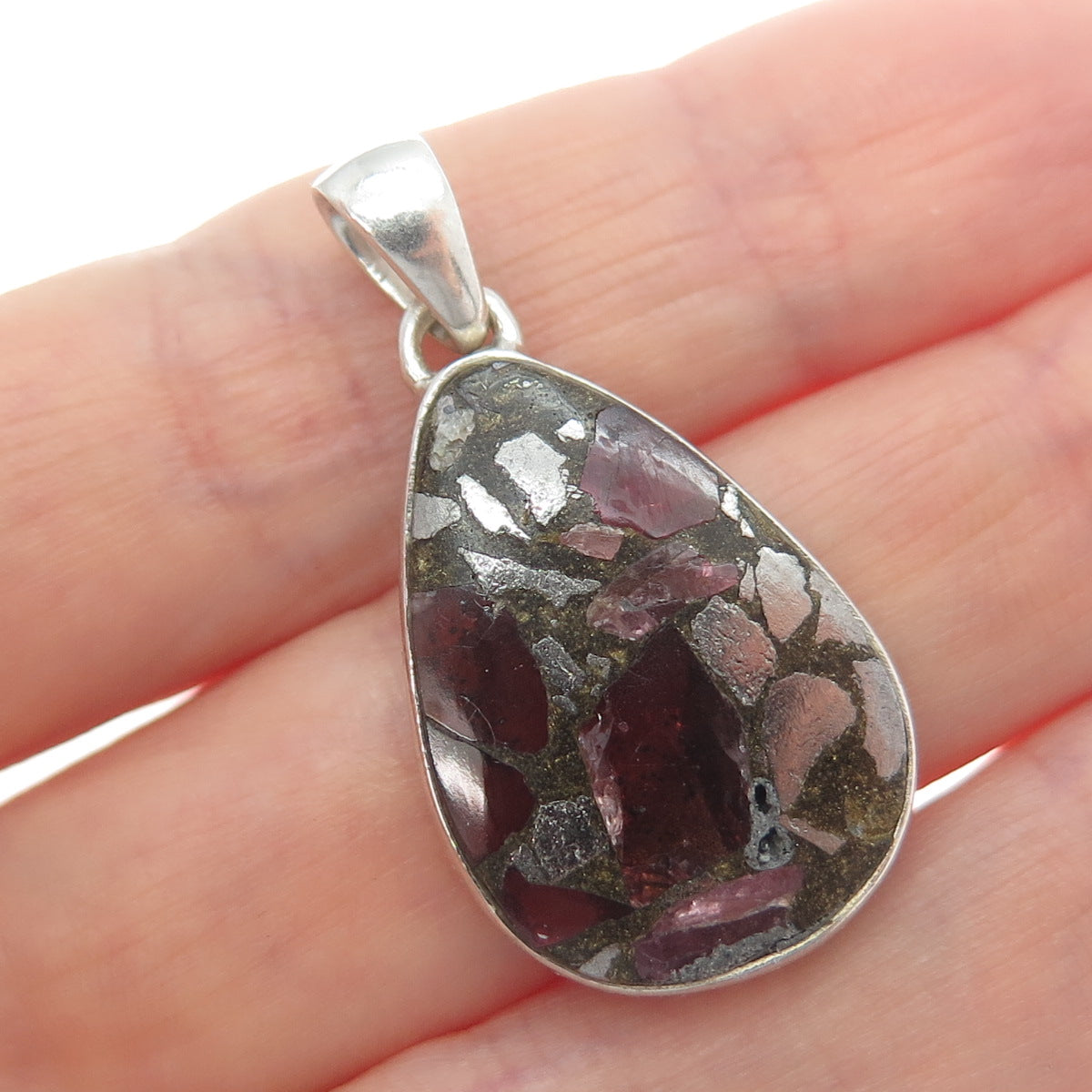 925 Sterling Vintage Real Pyrite Tourmaline & Red Garnet Inlay Modernist Pendant