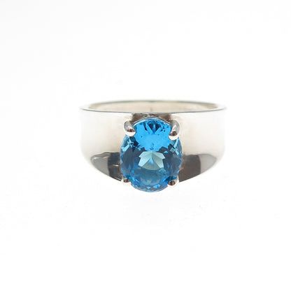 925 Sterling Silver Vintage Real Oval-Cut Swiss Blue Topaz Modernist Ring Size 9