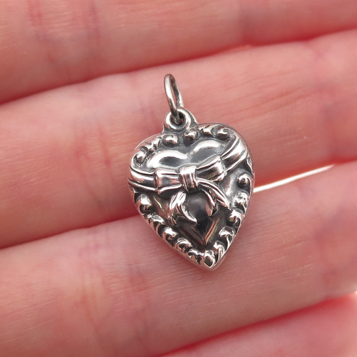 925 Sterling Silver Antique Art Deco Bow Heart Chatelaine Oxidized Charm Pendant