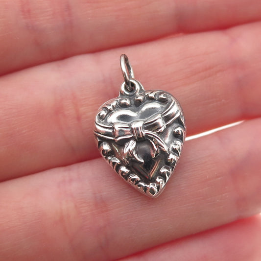 925 Sterling Silver Antique Art Deco Bow Heart Chatelaine Oxidized Charm Pendant
