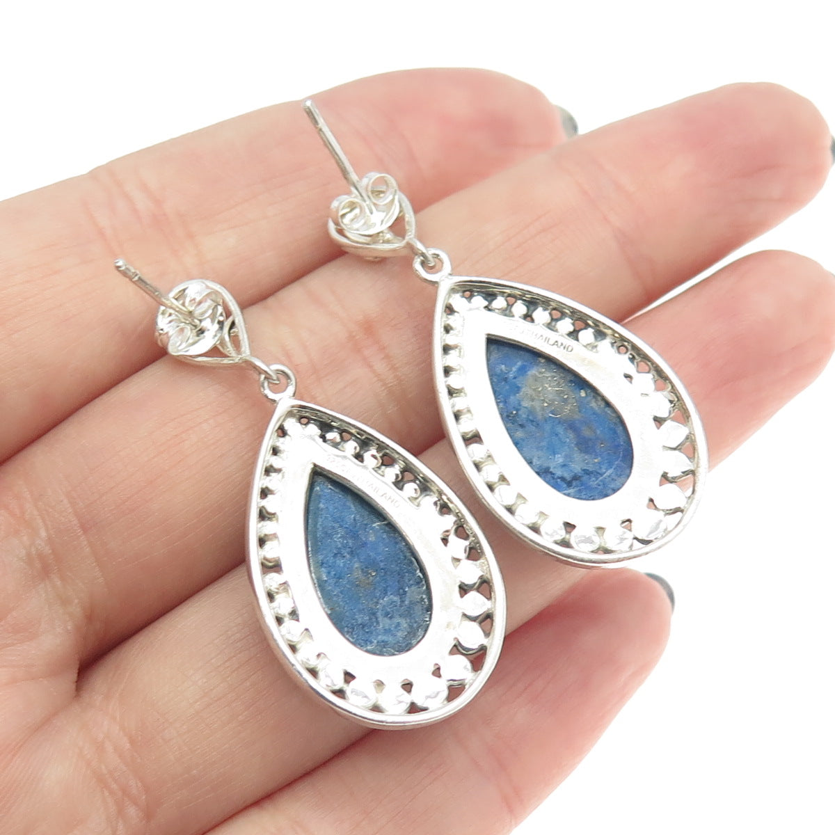 925 Sterling Silver Vintage Real Lapis Lazuli Gemstone Beaded Dangling Earrings