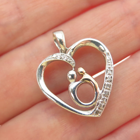 10K Rose Gold 925 Sterling Silver Real Diamond Mom & Child Heart Mini Pendant