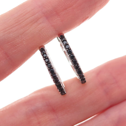 925 Sterling Silver Real Round-Cut Black Spinel Hoop Earrings