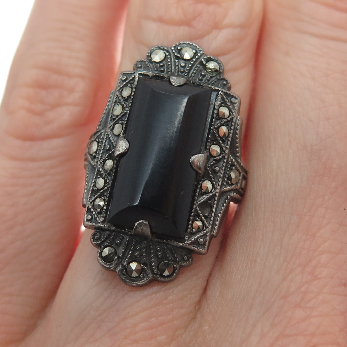 UNCAS Sterling Silver Antique Art Deco Real Black Onyx Marcasite Ring Size 2.75