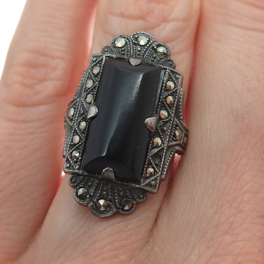 UNCAS Sterling Silver Antique Art Deco Real Black Onyx Marcasite Ring Size 2.75