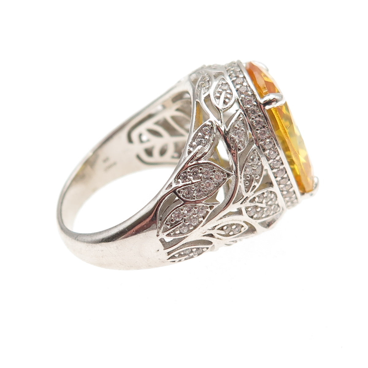 925 Sterling Silver Oval-Cut Canary & Round-Cut White C Z Ring Size 7.25