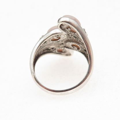 925 Sterling Silver Vintage Real Rose Quartz & C Z Modernist Ring Size 7