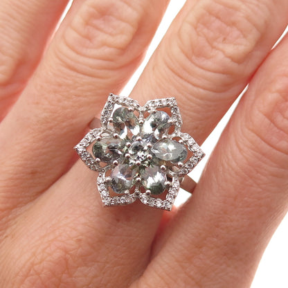 Chuck Clemency 925 Sterling Real Green Amethyst & White Topaz Floral Ring Size 8