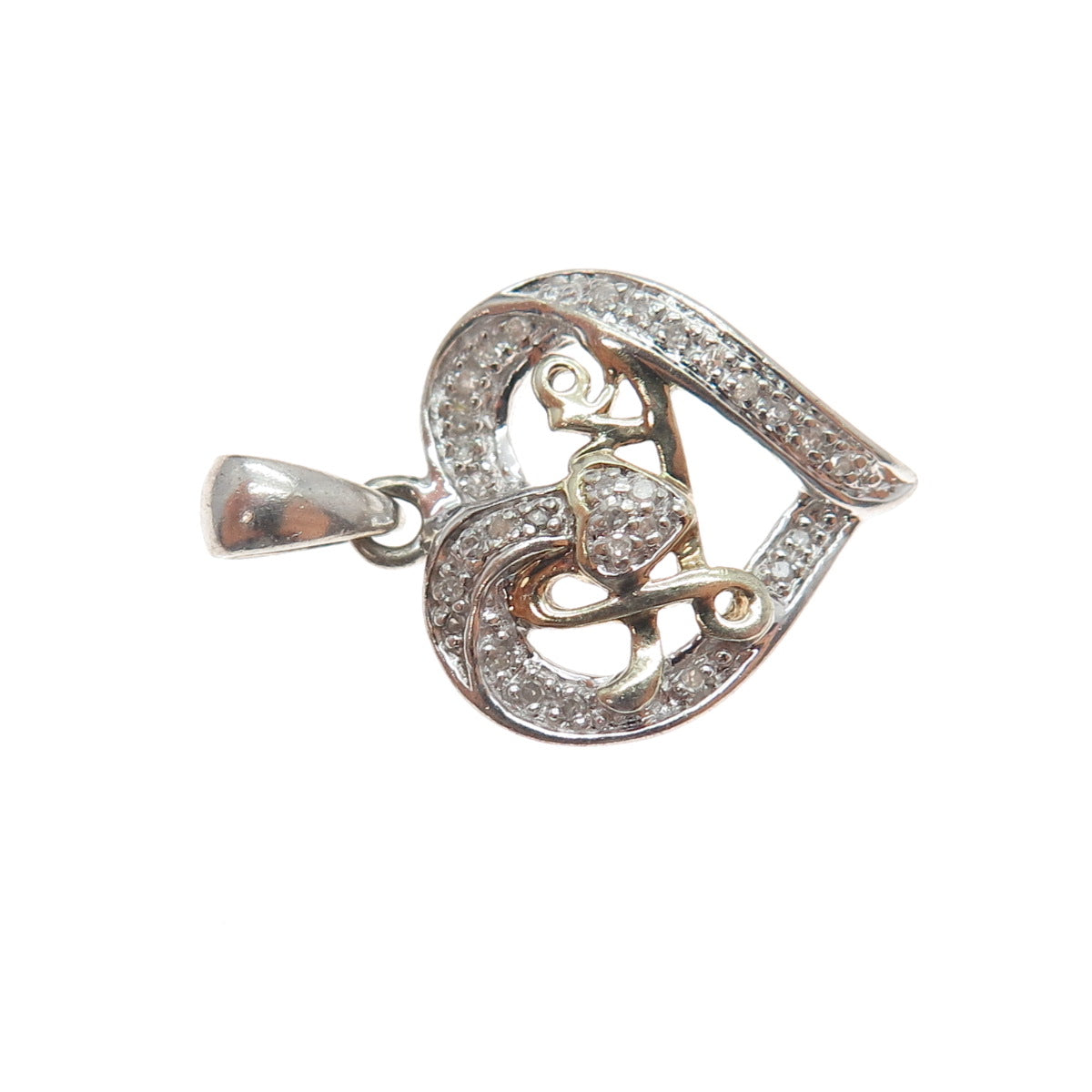 925 Sterling Silver 2-Tone Real Round-Cut Diamond Love Heart Charm Pendant