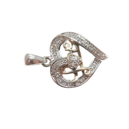925 Sterling Silver 2-Tone Real Round-Cut Diamond Love Heart Charm Pendant