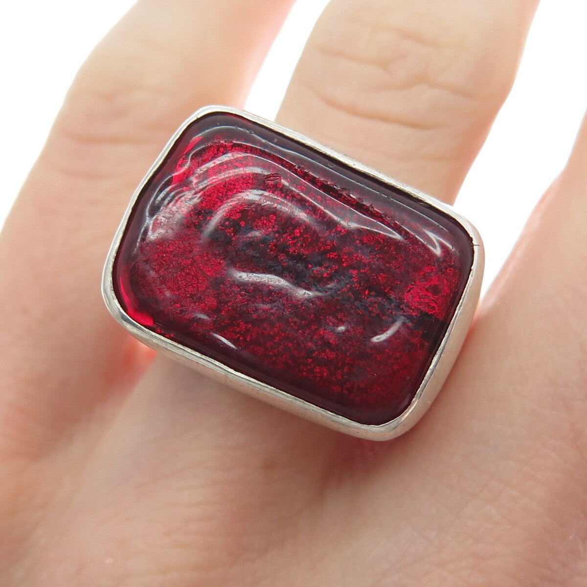 925 Sterling Silver Vintage Italy Red Glass Modernist Ring Size 11.25