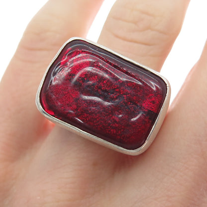 925 Sterling Silver Vintage Italy Red Glass Modernist Ring Size 11.25