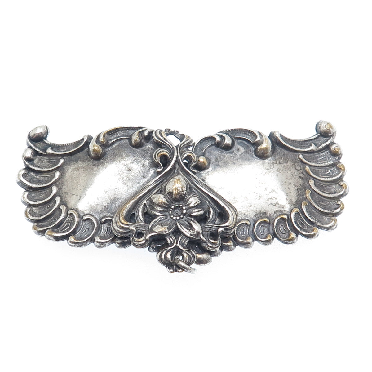 Silver-Tone Antique Art Deco Repousse Flower & Wings Oxidized Belt Buckle