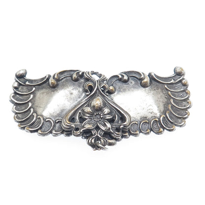 Silver-Tone Antique Art Deco Repousse Flower & Wings Oxidized Belt Buckle