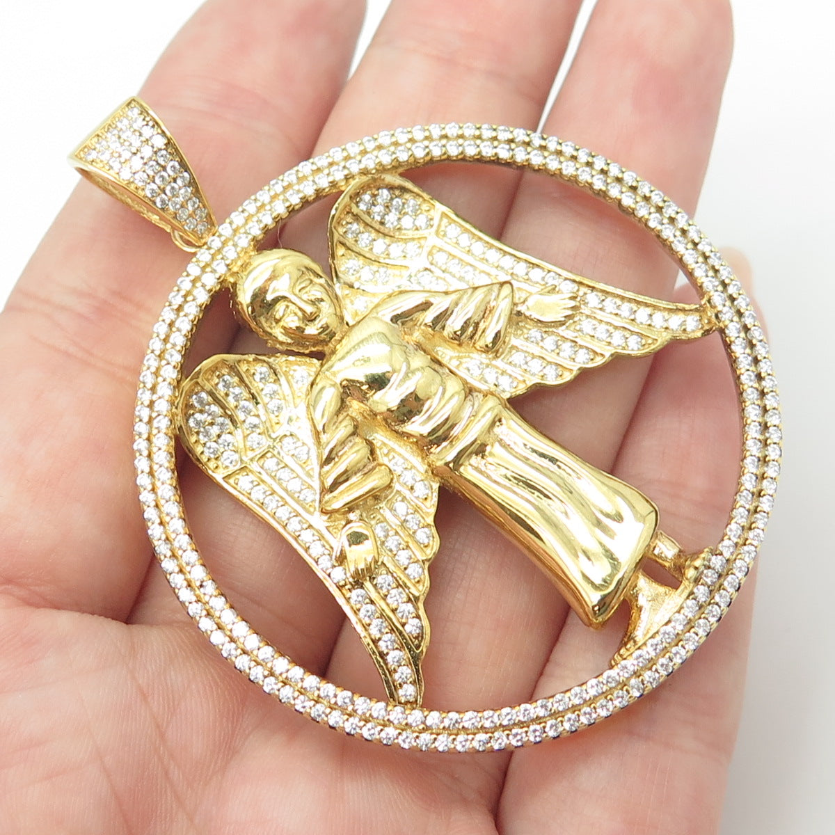 925 Sterling Silver Gold Plated Round-Cut C Z Christmas Angel Pendant