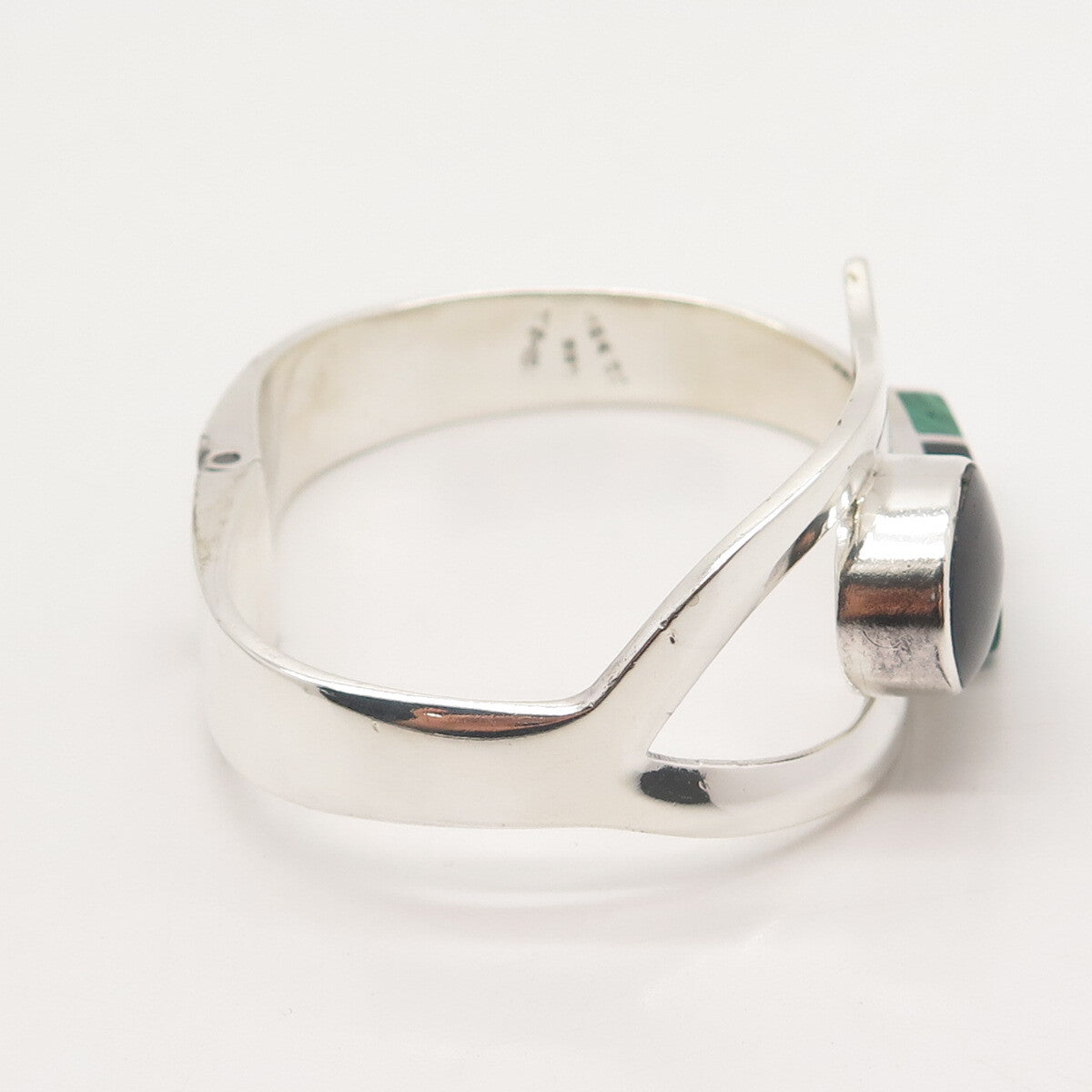 925 Sterling Silver Vintage Mexico Black Onyx & Malachite Bangle Bracelet 7.25"