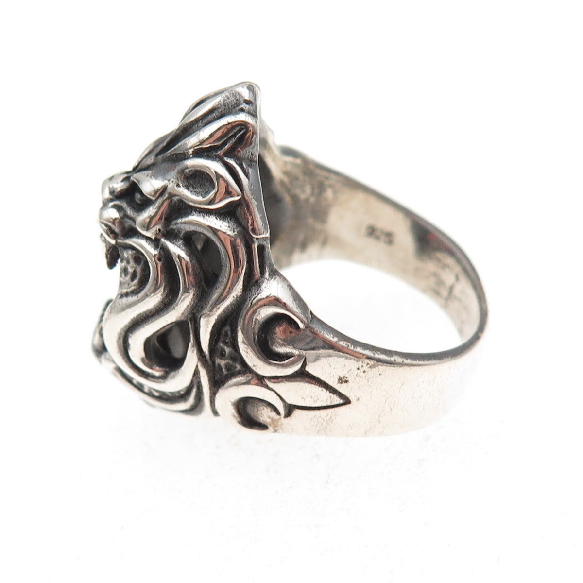 925 Sterling Silver Vintage Real Red Garnet Lion Oxidized Ring Size 9.75