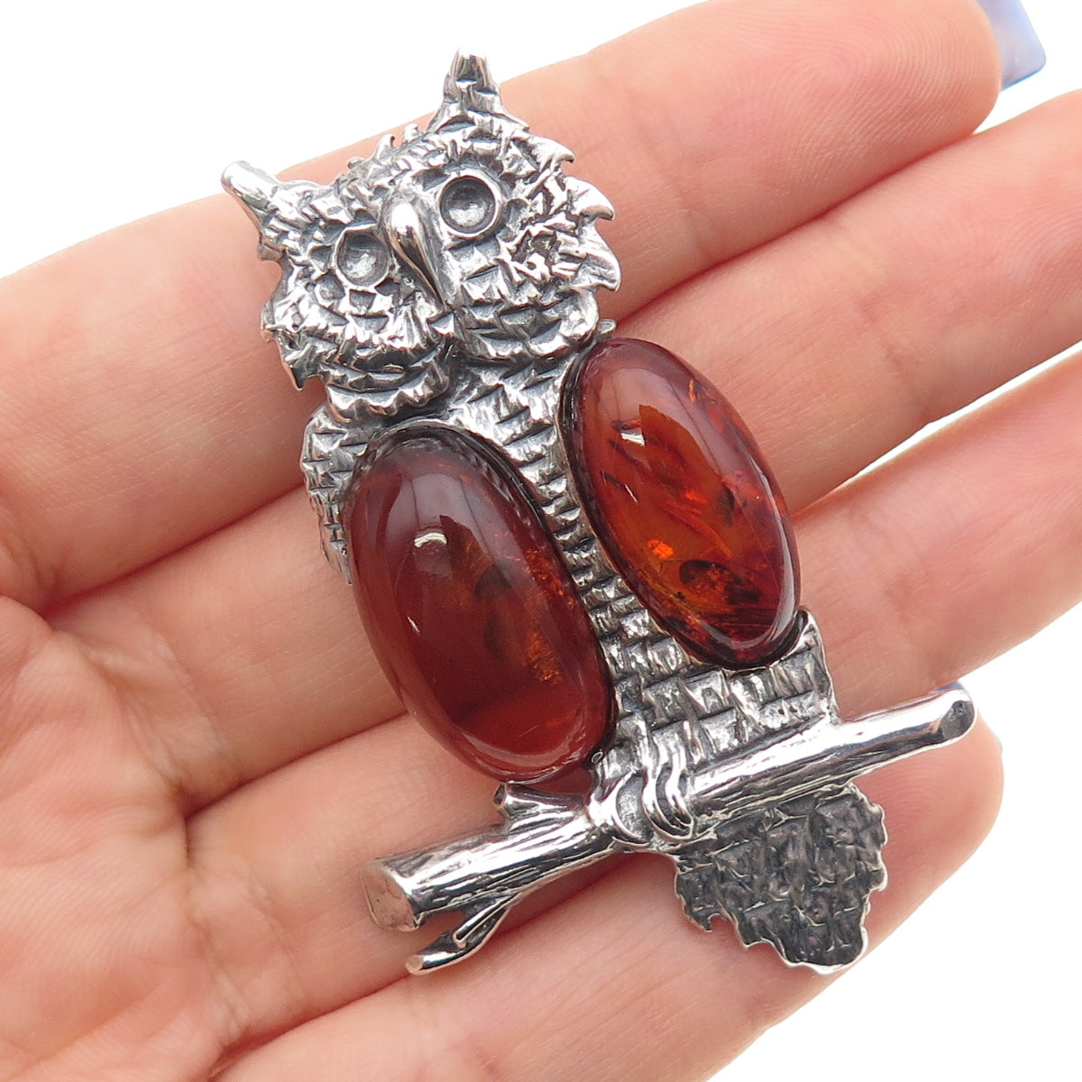 925 Sterling Silver Vintage Poland Real Amber Owl Bird Oxidized Pin Brooch