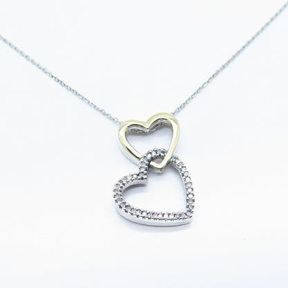 925 Sterling Silver /14K Italy Sun White Diamond Heart Rolo Chain Necklace 17"