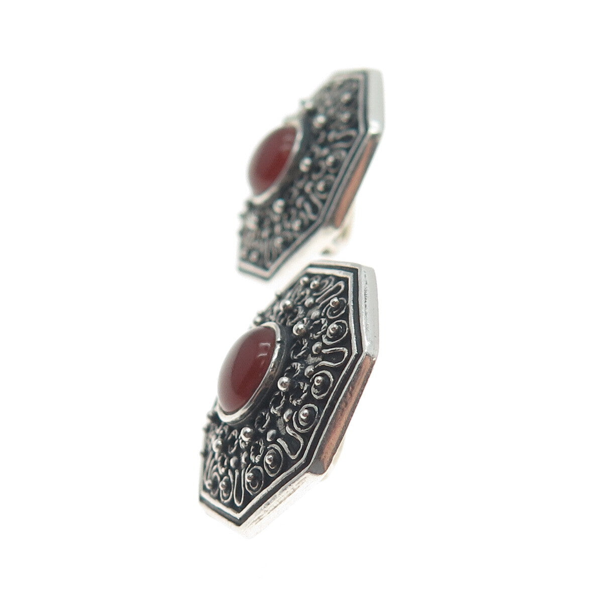 925 Sterling Silver Vintage Real Carnelian Granulated Oxidized Clip On Earrings