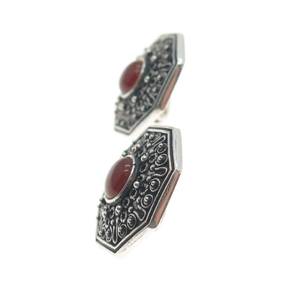 925 Sterling Silver Vintage Real Carnelian Granulated Oxidized Clip On Earrings