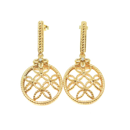 925 Sterling Silver Gold Plated Real Round-Cut Diamond Floral Drop Earrings