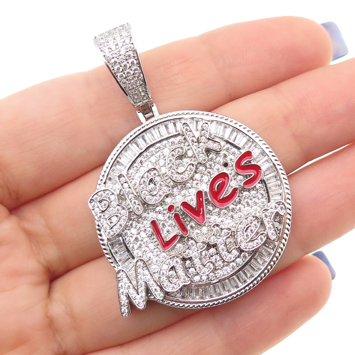925 Sterling Silver Enamel Multi-Cut C Z Black Lives Matter Charm Pendant