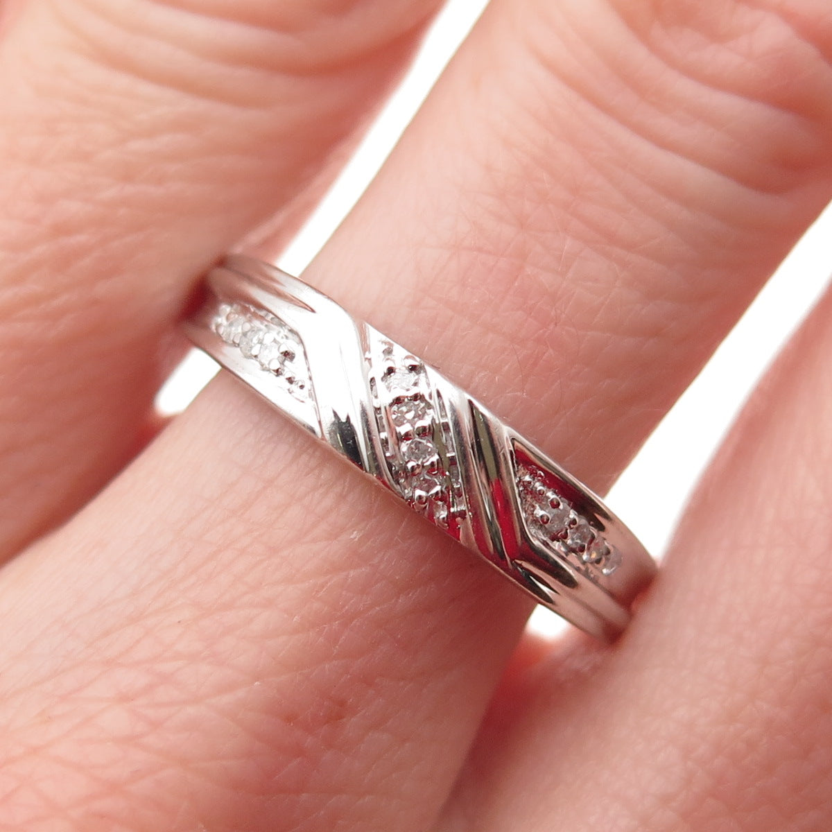 925 Sterling Silver Real Round-Cut Diamond Band Ring Size 10.25