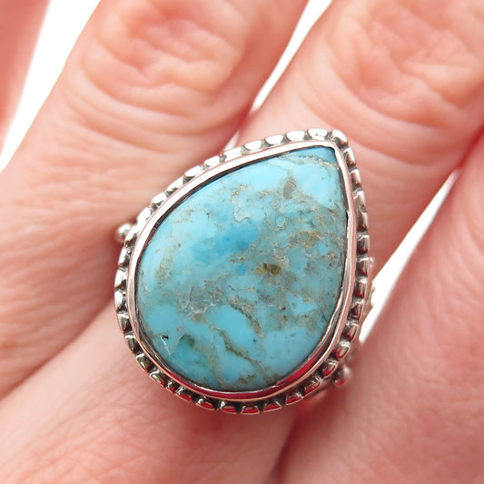 925 Sterling Silver Vintage Real Tyrone Turquoise Teardrop Ring Size 6.25