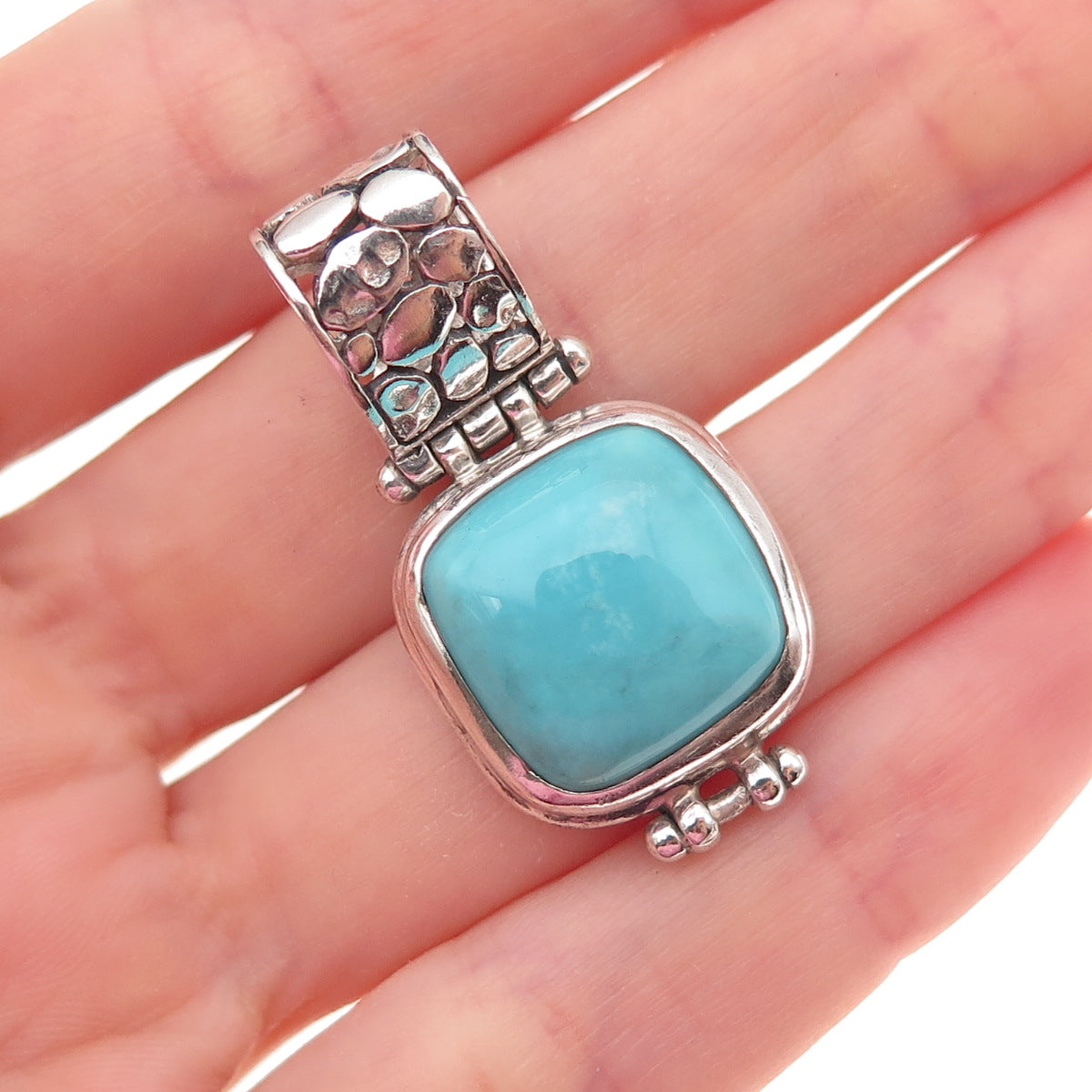 925 Sterling Silver Vintage Real Turquoise Oxidized Charm Pendant