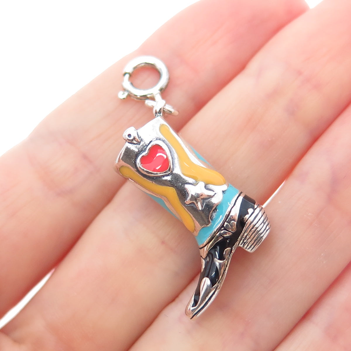 CAROLYN POLLACK 925 Sterling Vintage Enamel Cowboy Shoe Spring Ring Lock Pendant