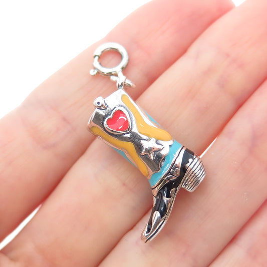 CAROLYN POLLACK 925 Sterling Vintage Enamel Cowboy Shoe Spring Ring Lock Pendant