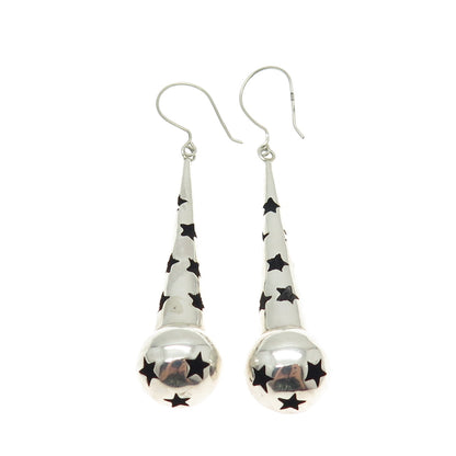 925 Sterling Silver Vintage Star Pattern Cone Dangle Earrings