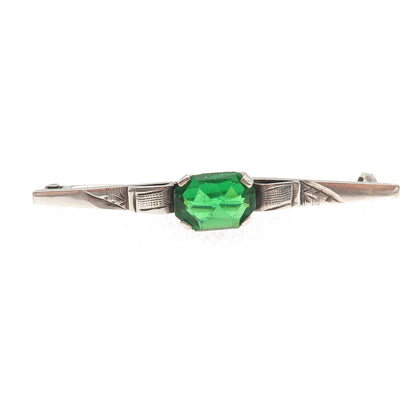 800 Silver Antique Art Deco Green Rhinestone Bar Oxidized Pin Brooch