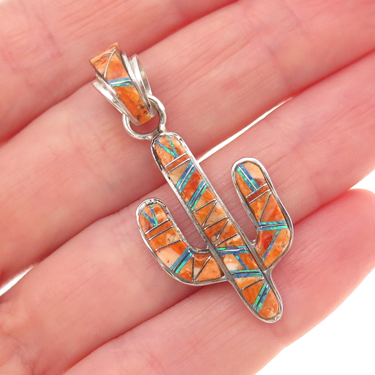 Old Pawn 925 Sterling Silver Vintage Spiny Oyster Shell & Opal Cactus Pendant