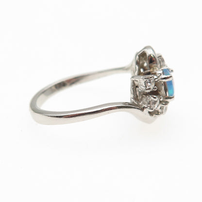 925 Sterling Silver Vintage Real Opal & C Z Cluster Ring Size 6.25