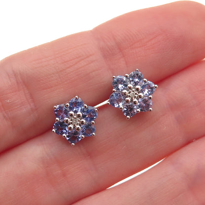 925 Sterling Silver Real Round-Cut Diamond & Tanzanite Floral Stud Earrings