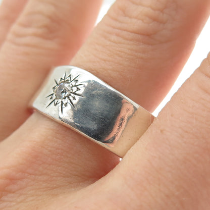 925 Sterling Silver Vintage Round-Cut C Z Sun Modernist Band Ring Size 14.75