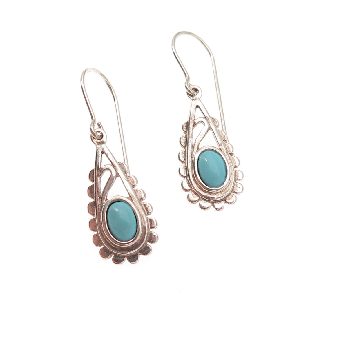 925 Sterling Silver Vintage Real Turquoise Teardrop Oxidized Dangle Earrings
