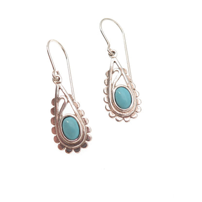 925 Sterling Silver Vintage Real Turquoise Teardrop Oxidized Dangle Earrings