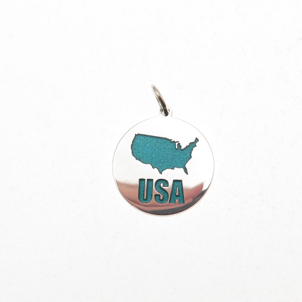 925 Sterling Silver Turquoise Enamel USA Map Round Tag Mini Charm Pendant