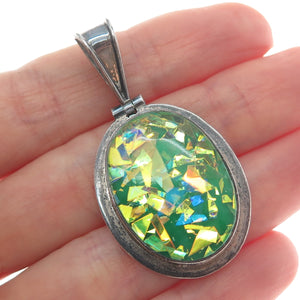 925 Sterling Silver Vintage Mexico Roman Glass Inlay Oxidized Charm Pendant