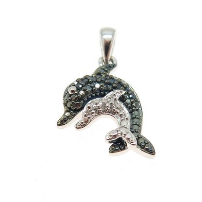 SUN 925 Sterling Silver Real Round-Cut Blue & White Diamond Dolphin Mini Pendant