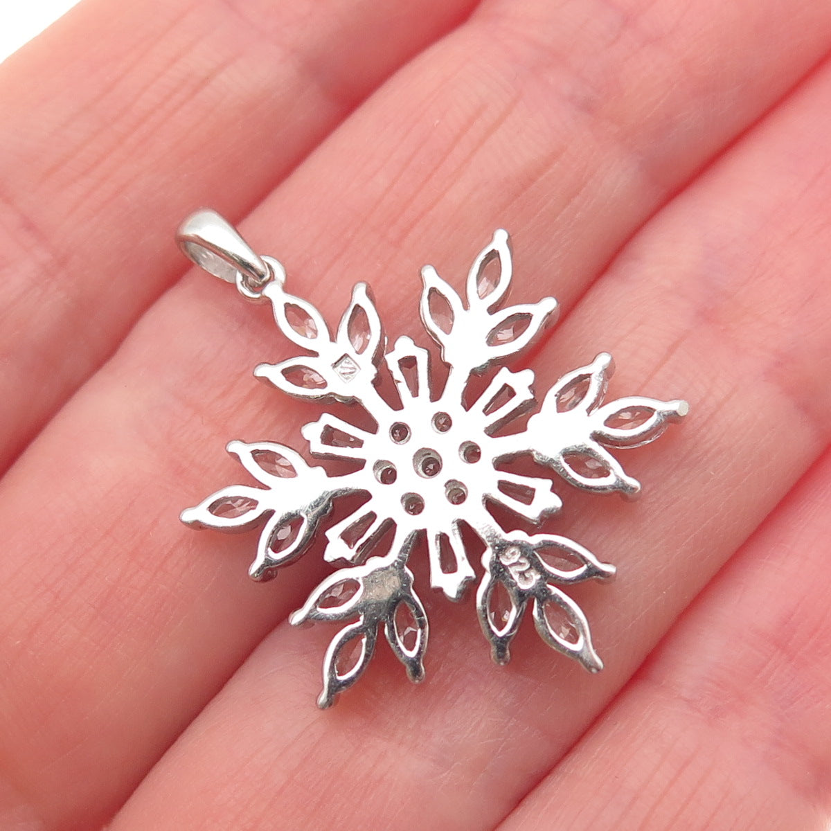 925 Sterling Silver Round Marquise & Tapered Baguette-Cut C Z Snowflake Pendant